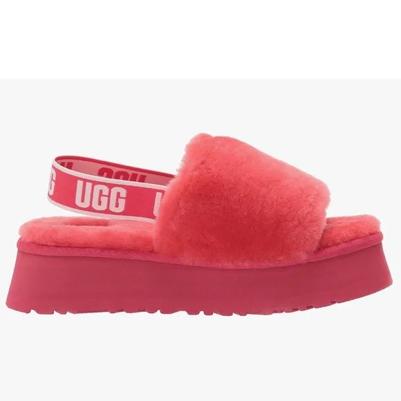 UGG Disco Slides Sandals Pink Cloud Sheepskin Fluff Fur Slingback Strap Logo - Picture 10 of 15